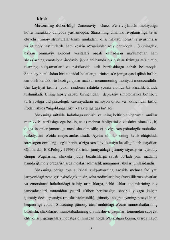 Suitsidal xulq-atvor diagnostikasi va psixokorreksiyasi”  mavzusida yozgan 3