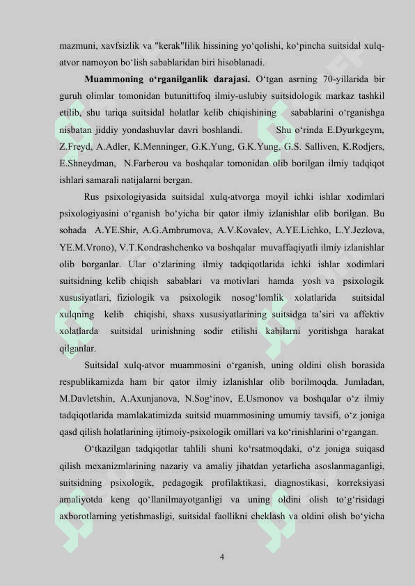 Suitsidal xulq-atvor diagnostikasi va psixokorreksiyasi”  mavzusida yozgan 4