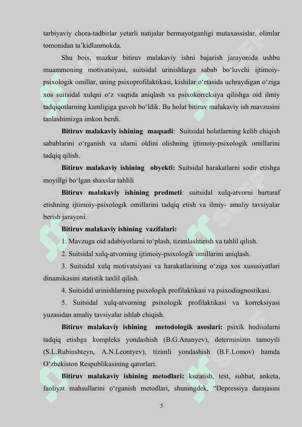 Suitsidal xulq-atvor diagnostikasi va psixokorreksiyasi”  mavzusida yozgan 5