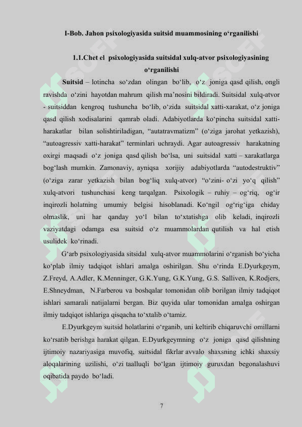 Suitsidal xulq-atvor diagnostikasi va psixokorreksiyasi”  mavzusida yozgan 7