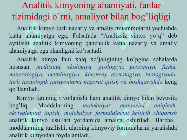Analitik kimyo fani, tadqiqot doirasi, maqsadi va vazifalari 5