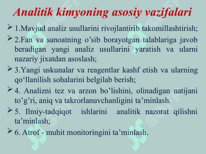 Analitik kimyo fani, tadqiqot doirasi, maqsadi va vazifalari 8