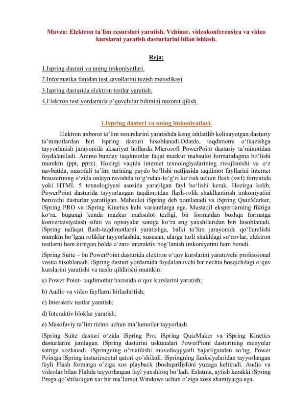 Elektron ta`lim resurslari yaratish. Vebinar, videokonferensiya va video kurslarni yaratish dasturlarini bilan ishlash.