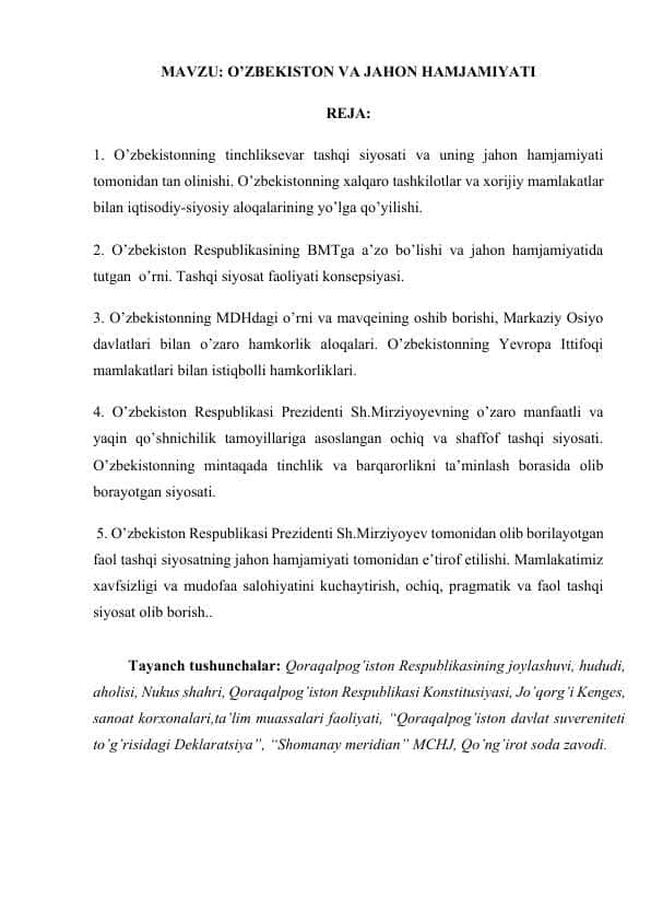 O’ZBEKISTON VA JAHON HAMJAMIYATI