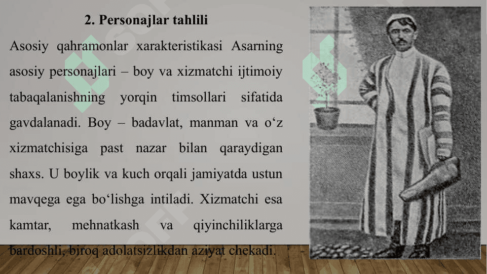 Mumtoz asarlarni sharxlab oʻrganish. Lugʻat ustida ishlash. ("Boy ila xizmatchi" asari misolida) dramatik asarlar taxlilida voqea va personajlar 7