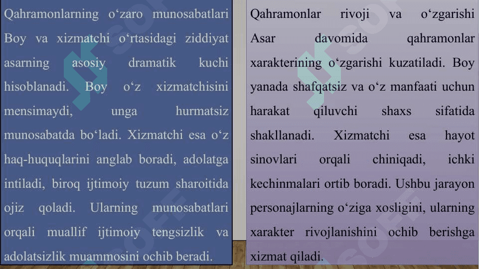 Mumtoz asarlarni sharxlab oʻrganish. Lugʻat ustida ishlash. ("Boy ila xizmatchi" asari misolida) dramatik asarlar taxlilida voqea va personajlar 8