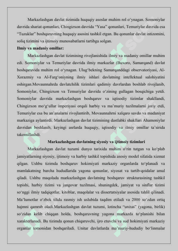 XIV asrda Movaunnahrda markazlashgan davlatning tashkil topishining o‘ziga xos xususiyatlari 25 8