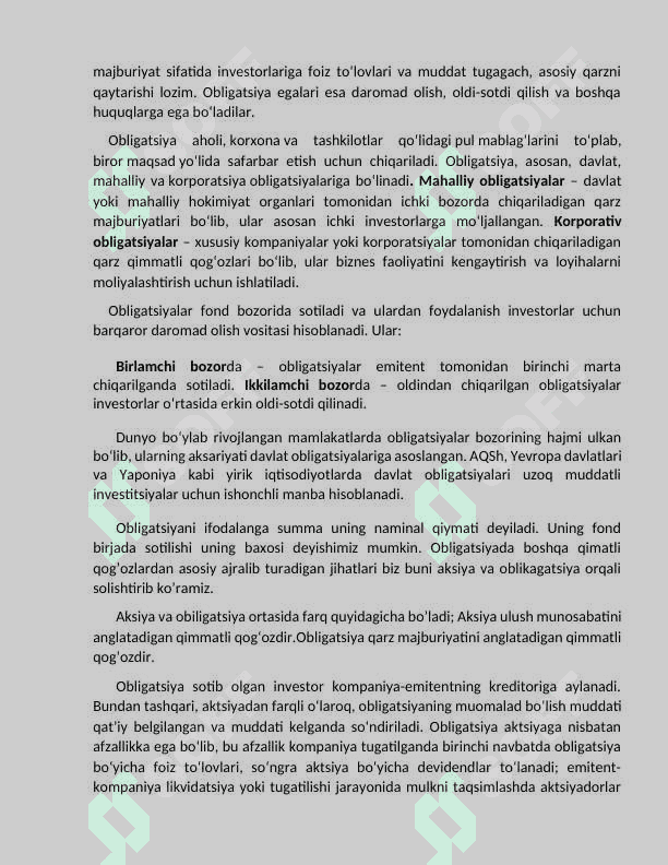 Obligatsiyalarni baholash va ularning o‘ziga xos jihatlari   tezis 2