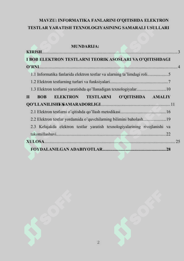 INFORMATIKA FANLARINI O’QITISHDA ELEKTRON TESTLAR YARATISH TEXNOLOGIYASINING SAMARALI USULLARI 2