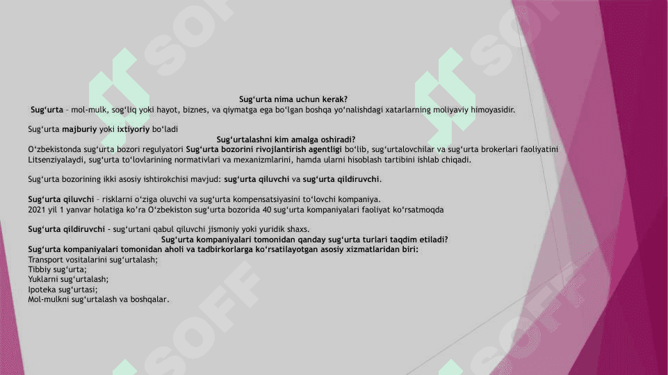 Sug’urta tashkilotlari va «KAFOLAT SUG’URTA» kompaniyasi haqida 3