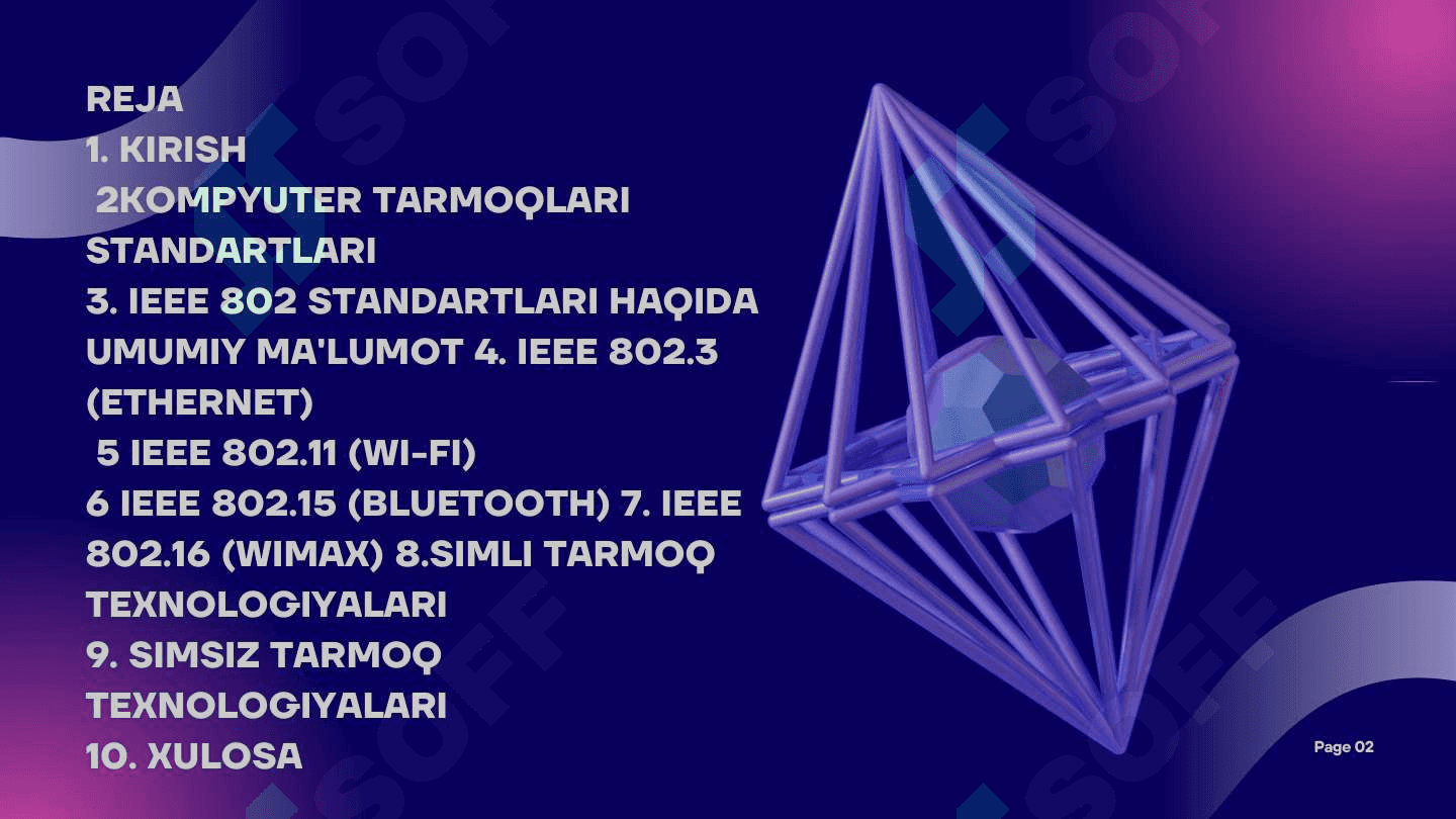 KOMPYUTER TARMOQLARI STANDARTLARI VA ULARNING TEXNOLOGIYALARI. SIMLI VA SIMSIZ TARMOQ TEXNOLOGIYALARI, IEEE 802 STANDARTLARI (IEEE 802.3, 802.11, 802.15, 802.16). 2