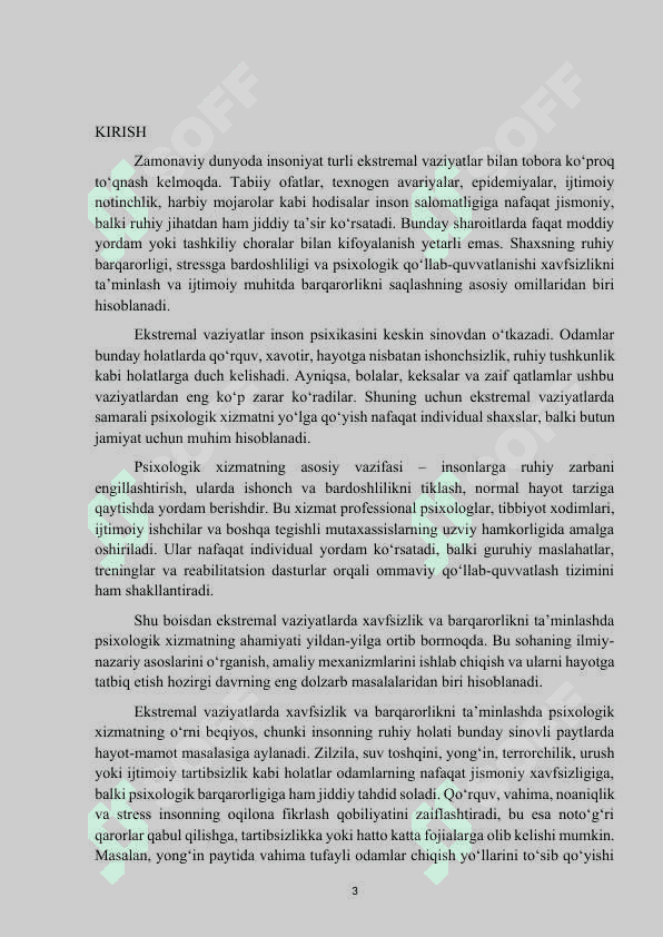 Mavzu :Ekstremal vaziyatlarda xavfsizlik va barqarorlikni taminlashda psixologik xizmat kurs ishi 3