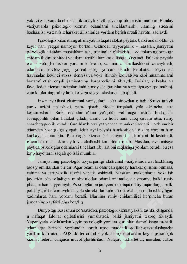 Mavzu :Ekstremal vaziyatlarda xavfsizlik va barqarorlikni taminlashda psixologik xizmat kurs ishi 4