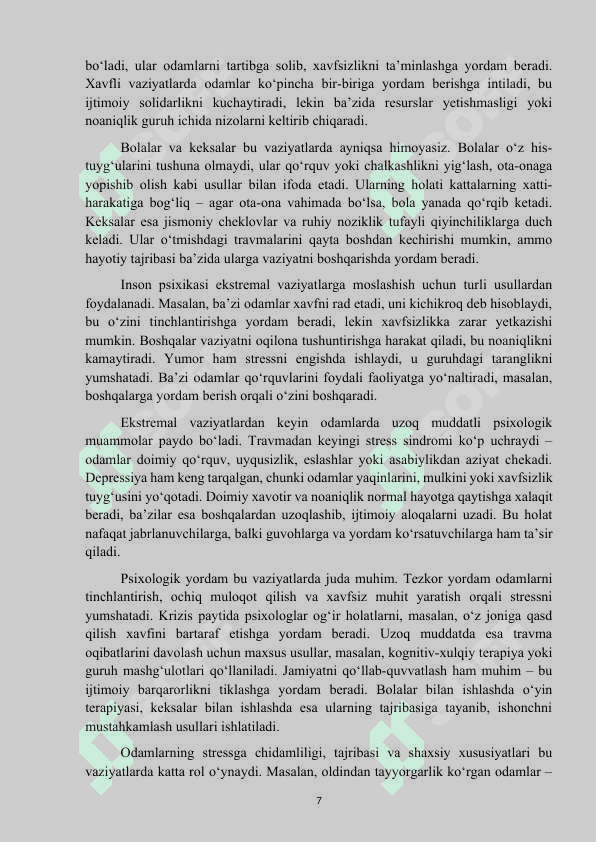 Mavzu :Ekstremal vaziyatlarda xavfsizlik va barqarorlikni taminlashda psixologik xizmat kurs ishi 7