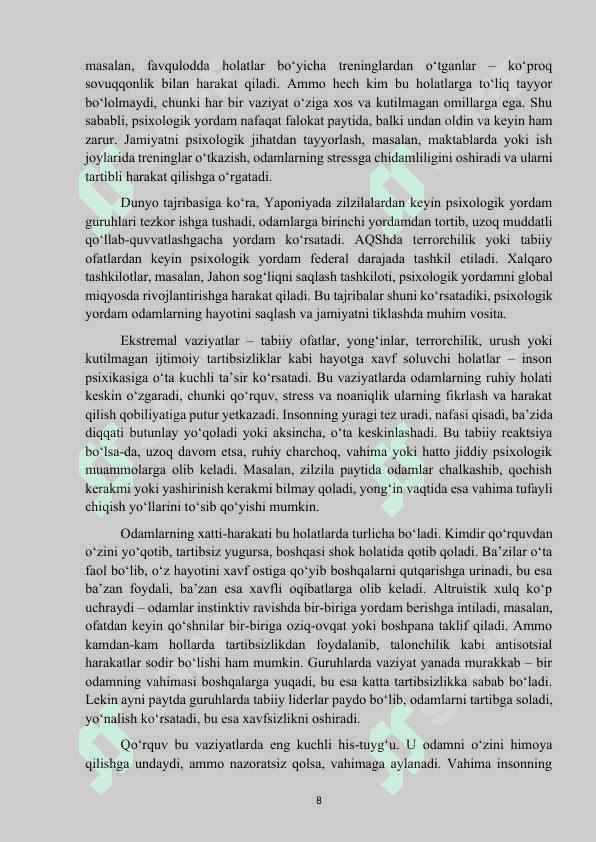 Mavzu :Ekstremal vaziyatlarda xavfsizlik va barqarorlikni taminlashda psixologik xizmat kurs ishi 8