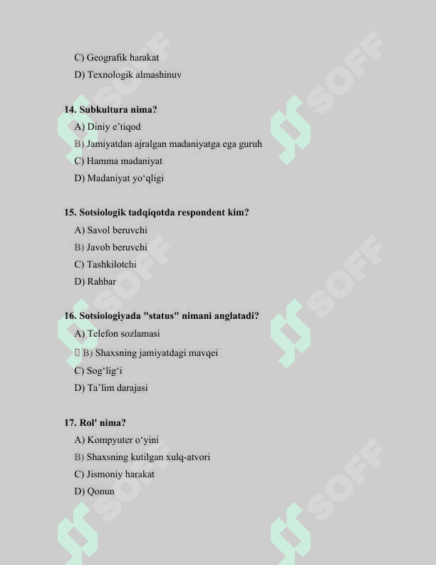 Sotsiologiya fani boʻyicha 30 ta test savollari javoblari bilan 4