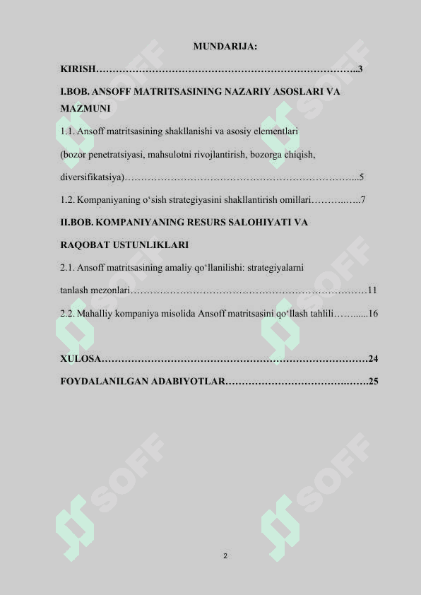 KOMPANIYANING O'SISH STRATEGIYASINI ANIQLASH UCHUN ANSOFF MATRITSASINI QO'LLASH. 2