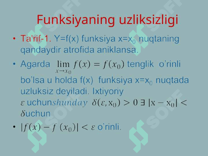 Funksiya uzluksizligi. I va II tur uzilish	nuqtalari. Fuksiya limitini topishda uning uzluksizligidan foydalanish 3