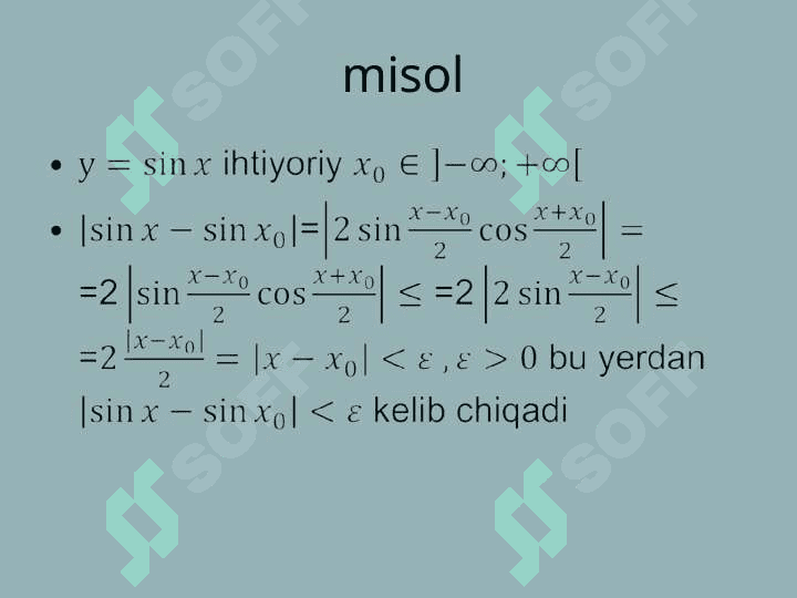 Funksiya uzluksizligi. I va II tur uzilish	nuqtalari. Fuksiya limitini topishda uning uzluksizligidan foydalanish 7