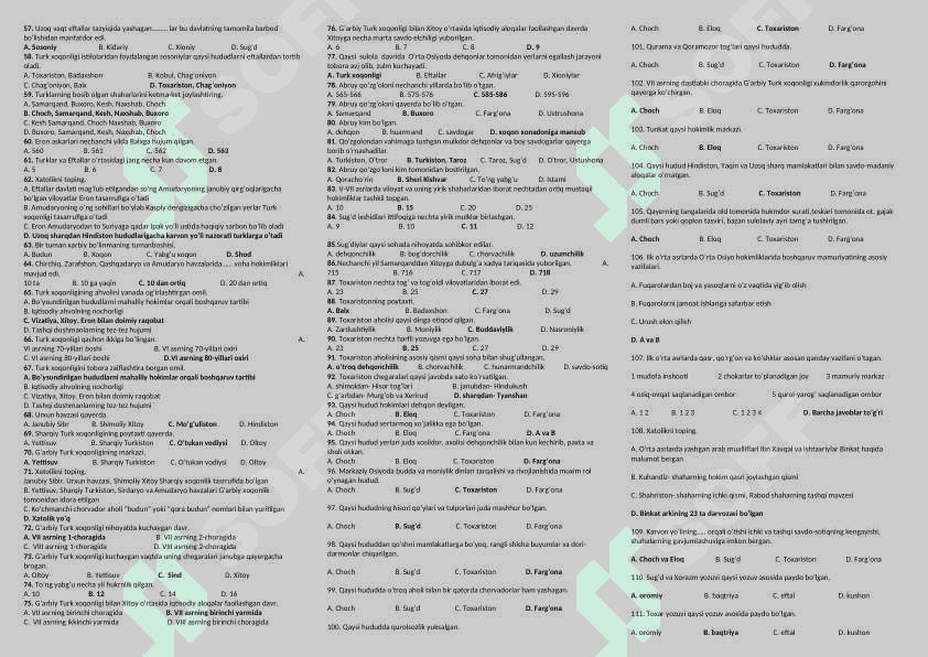 7-sinf O'zbekiston tarixi mavzulashtirilgan testlar to'plami 2