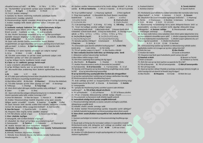 7-sinf O'zbekiston tarixi mavzulashtirilgan testlar to'plami 6