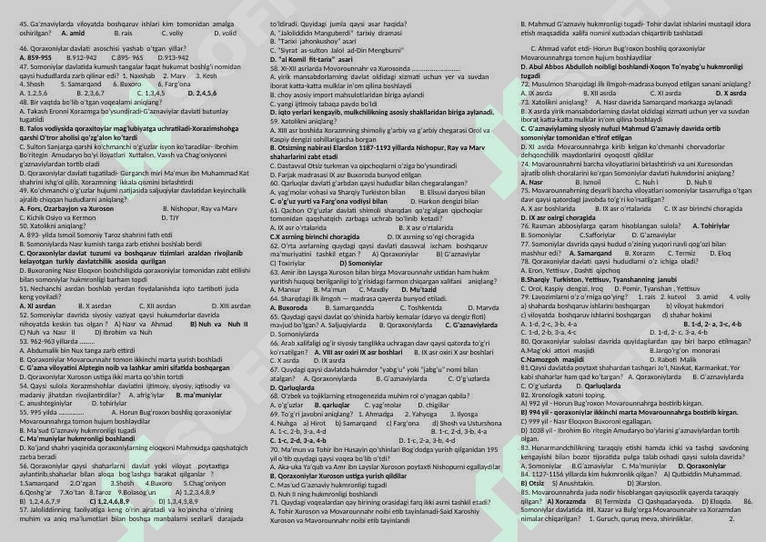 7-sinf O'zbekiston tarixi mavzulashtirilgan testlar to'plami 8