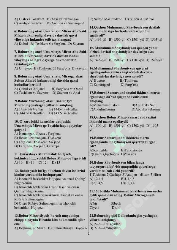 8-sinf O'zbekiston tarixi mavzulashtirilgan testlar 6