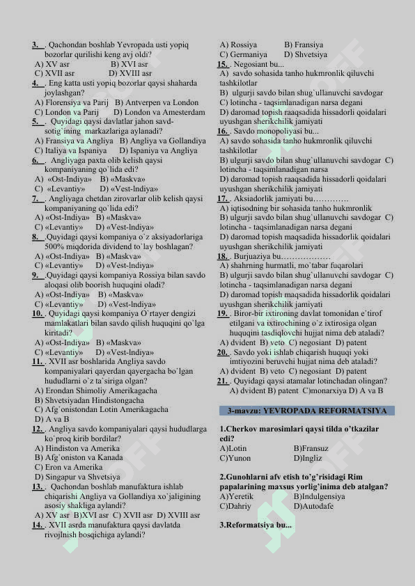 8-sinf Jahon tarixi mavzulashtirilgan testlar 5