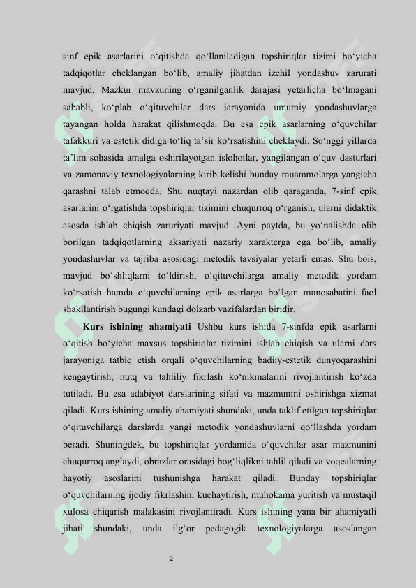 7-sinflar uchun epik asarlarni oʻqitishga qaratilgan topshiriqlar ishlab chiqish  kurs ishi 5