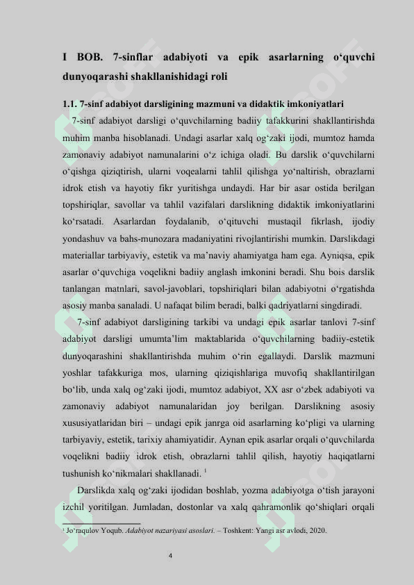 7-sinflar uchun epik asarlarni oʻqitishga qaratilgan topshiriqlar ishlab chiqish  kurs ishi 7