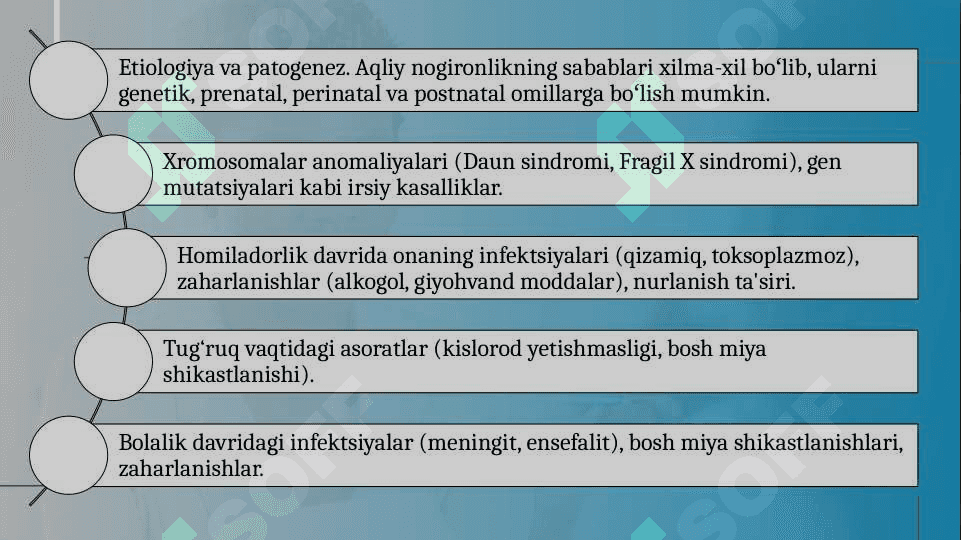 Aqliy nogironlikning turli shakllari etnologiyasi va patogenezi aqliy zaiflikning xronologik yoshi zaiflik darajasi aqliy nutq va ijtimoiy faoliyat darajasi bo'yicha rivojlanish xususiyatlari 3