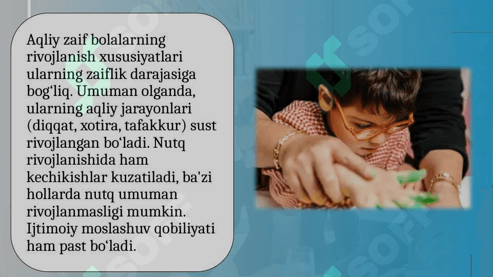 Aqliy nogironlikning turli shakllari etnologiyasi va patogenezi aqliy zaiflikning xronologik yoshi zaiflik darajasi aqliy nutq va ijtimoiy faoliyat darajasi bo'yicha rivojlanish xususiyatlari 5