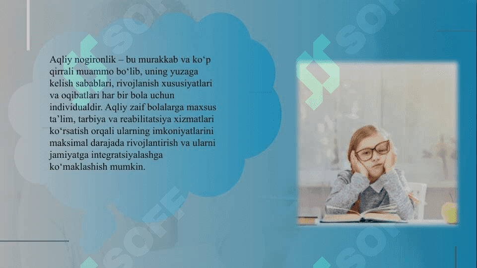 Aqliy nogironlikning turli shakllari etnologiyasi va patogenezi aqliy zaiflikning xronologik yoshi zaiflik darajasi aqliy nutq va ijtimoiy faoliyat darajasi bo'yicha rivojlanish xususiyatlari 6