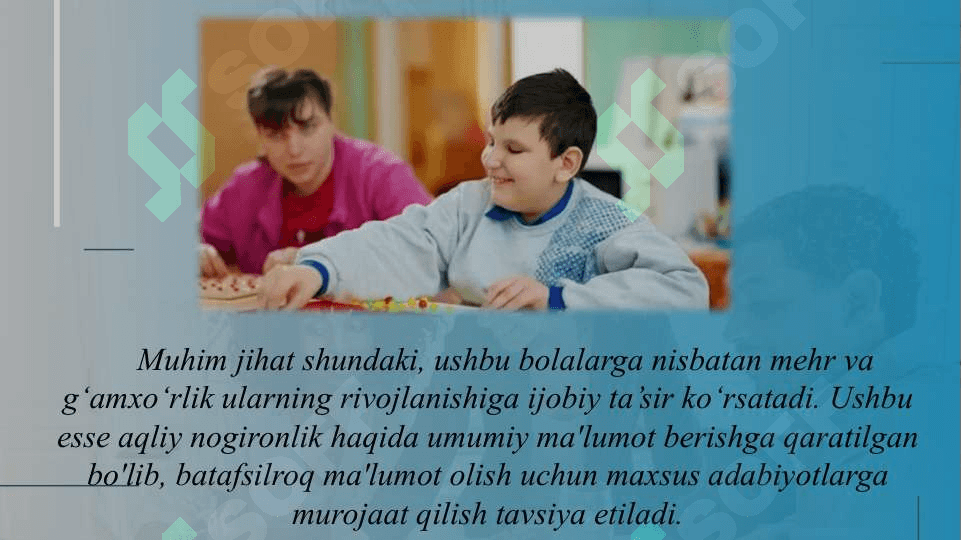 Aqliy nogironlikning turli shakllari etnologiyasi va patogenezi aqliy zaiflikning xronologik yoshi zaiflik darajasi aqliy nutq va ijtimoiy faoliyat darajasi bo'yicha rivojlanish xususiyatlari 7