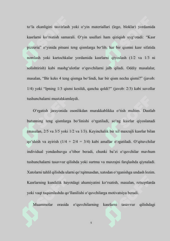MAVZU: “BOSHLANG’ICH SINF O’QUVCHILARIDA  KASR VA KASR HAQIDAGI TUSHUNCHASINI SHAKLLANTIRISH” kurs ishi 5