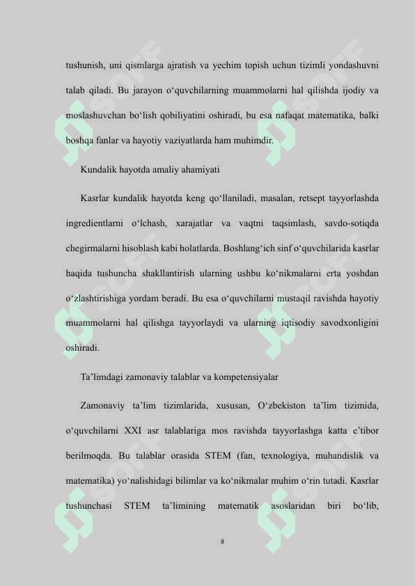 MAVZU: “BOSHLANG’ICH SINF O’QUVCHILARIDA  KASR VA KASR HAQIDAGI TUSHUNCHASINI SHAKLLANTIRISH” kurs ishi 8