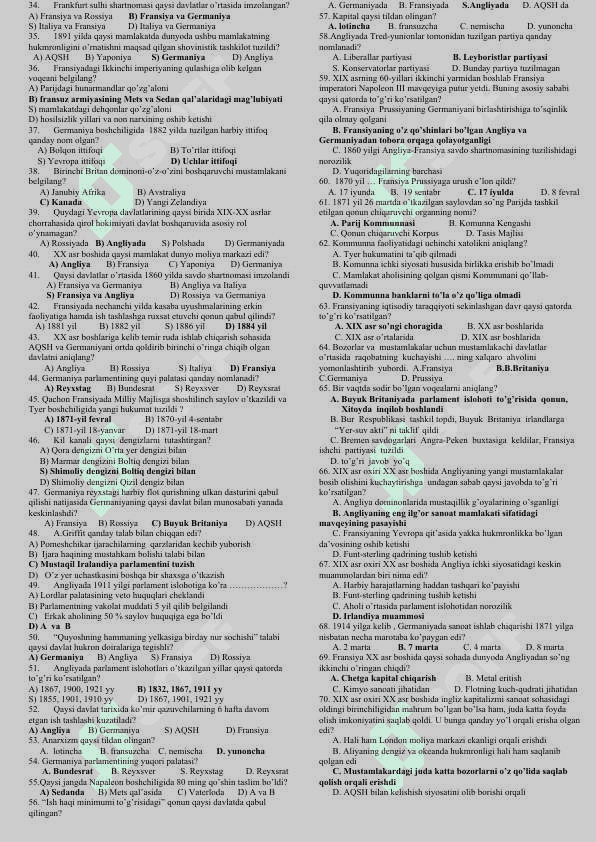 9-sinf Jahon tarixi test savollari to'plami 5