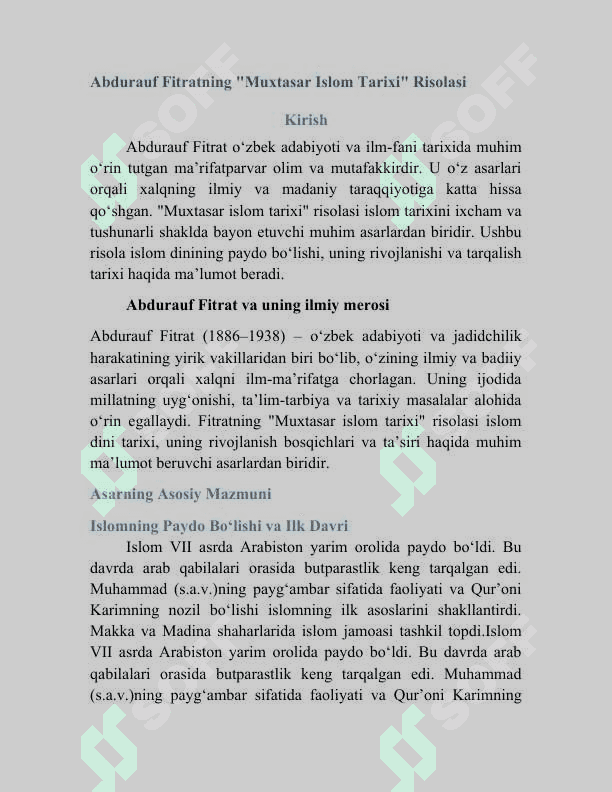 Abdurauf Fitratning "Muxtasar Islom Tarixi" Risolasi mavzusida mustaqil ish 2