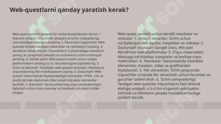 Biologiya ta'limida dasturlashtirilgan o‘qitish texnologiyalari. Intellektual o'yinlarni loyihalash. Web-questlar tuzish 7
