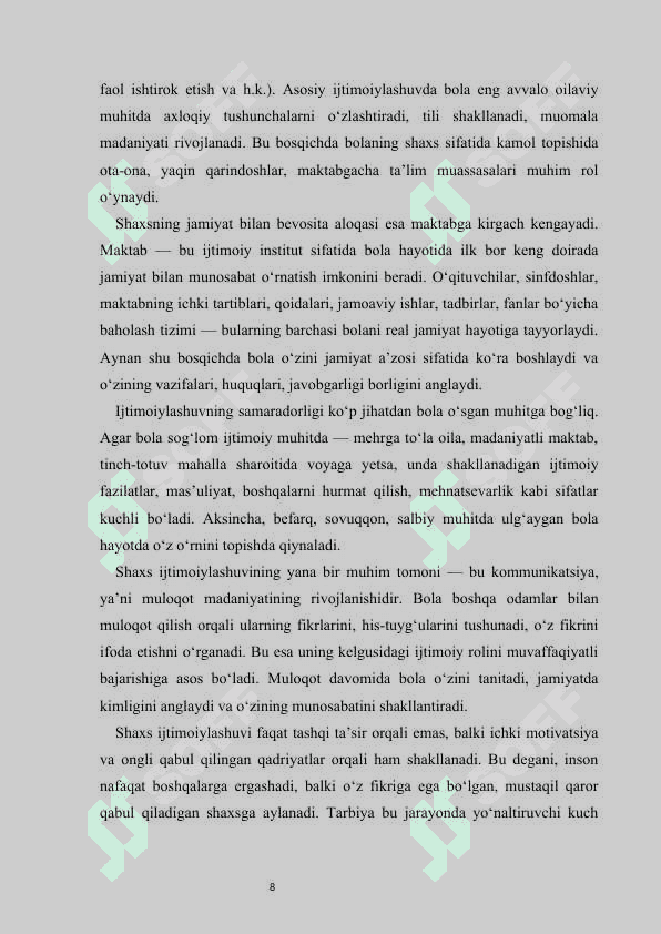 Oila mahalla maktab hamkorlik markazining shaxs ijtimoiylashuvidagi o'rni    kurs ishi 8