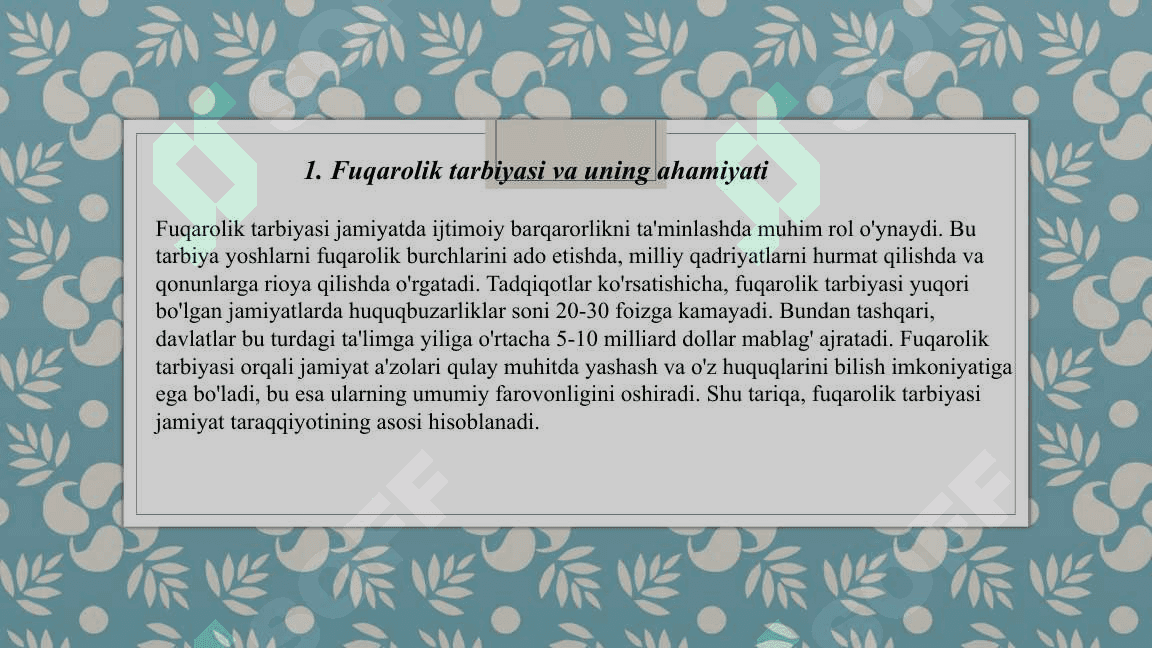 Fuqarolik va mafkuraviy tarbiya.Ma‘naviy, axloqiy tarbiya, mehnat, jismoniy va estetik tarbiya 3