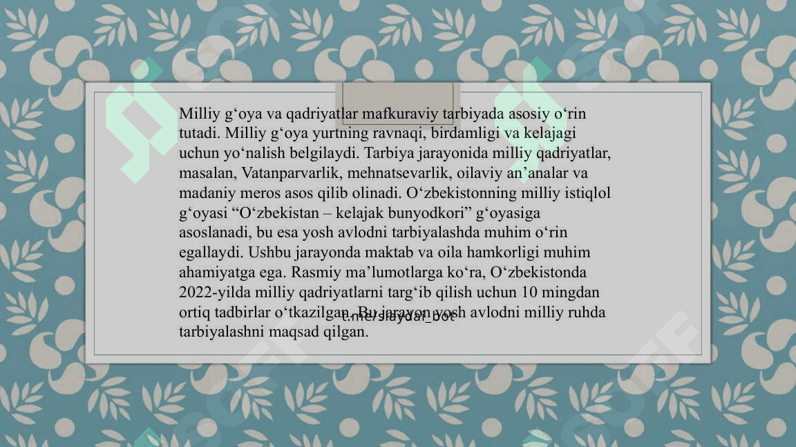 Fuqarolik va mafkuraviy tarbiya.Ma‘naviy, axloqiy tarbiya, mehnat, jismoniy va estetik tarbiya 4
