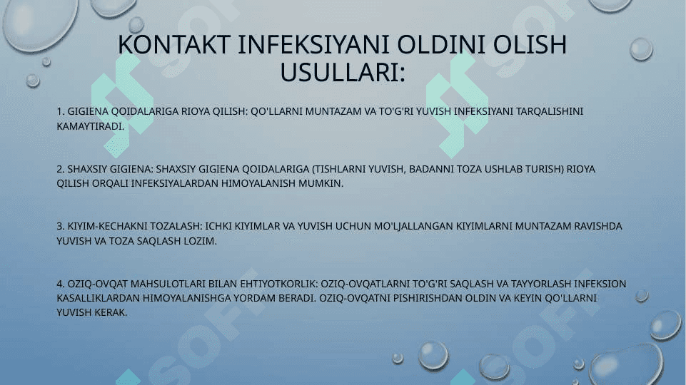 KONTAKT INFEKSIYANI OLDINI OLISH USULLARI. STERILLIZATSIYA QILISH USULLARI. STERILLIZATSIYADAN OLDINGI DAVRDA ISHLOV BERISH. AVTOKLAVLASH. BIKS TURLARI. SINAMALAR O'TKAZISH 2