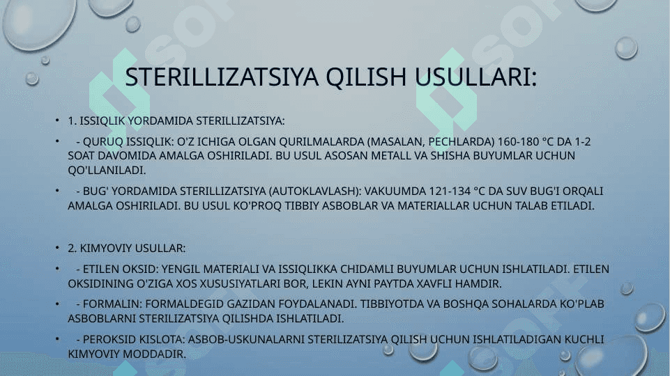 KONTAKT INFEKSIYANI OLDINI OLISH USULLARI. STERILLIZATSIYA QILISH USULLARI. STERILLIZATSIYADAN OLDINGI DAVRDA ISHLOV BERISH. AVTOKLAVLASH. BIKS TURLARI. SINAMALAR O'TKAZISH 5