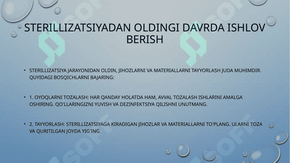 KONTAKT INFEKSIYANI OLDINI OLISH USULLARI. STERILLIZATSIYA QILISH USULLARI. STERILLIZATSIYADAN OLDINGI DAVRDA ISHLOV BERISH. AVTOKLAVLASH. BIKS TURLARI. SINAMALAR O'TKAZISH 8