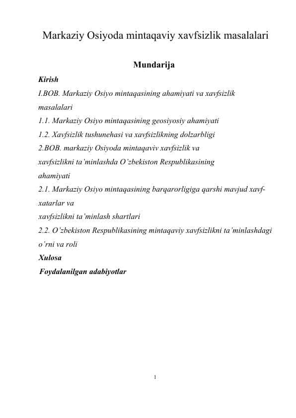 Markaziy Osiyoda mintaqaviy xavfsizlik masalalari
