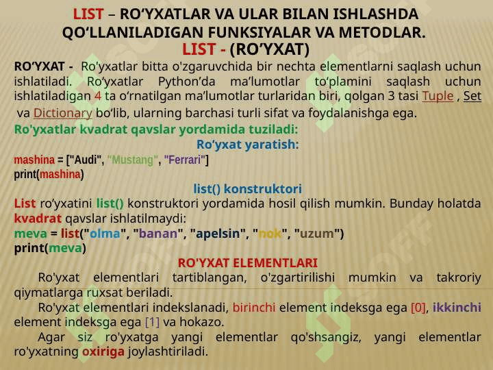 PYTHONDA RO’YXATLAR VA TO’PLAMLAR 3