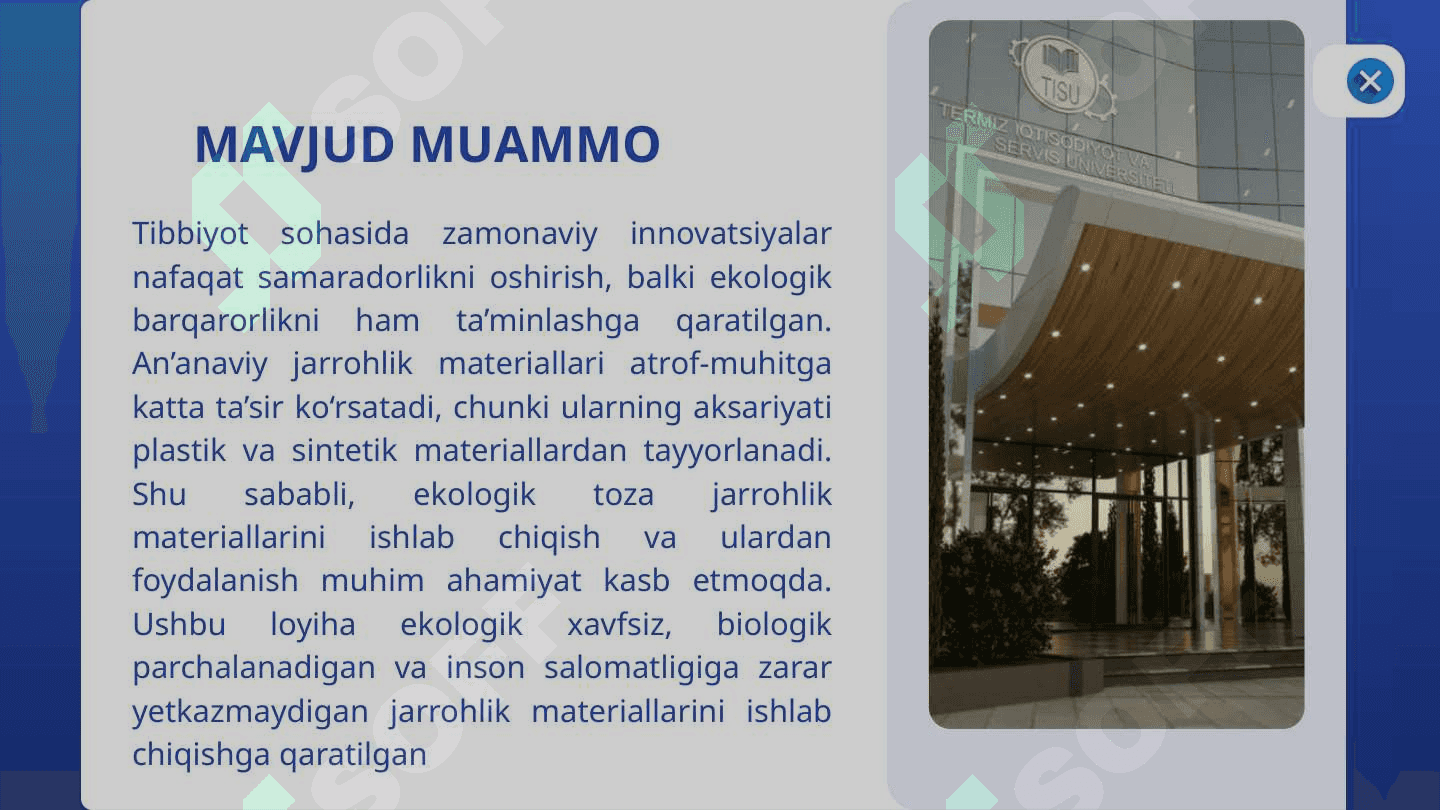Ulug'bek vorislari uchun Tibbiy loyiha, Tibbiyotda foydalanish uchun ekologik toza jarrohlik materiallari 3