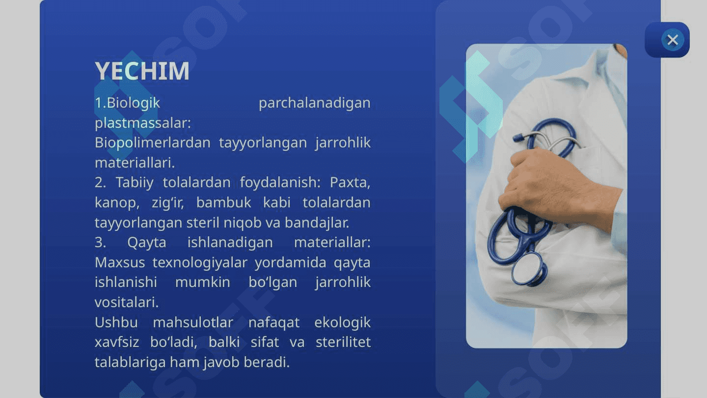 Ulug'bek vorislari uchun Tibbiy loyiha, Tibbiyotda foydalanish uchun ekologik toza jarrohlik materiallari 4