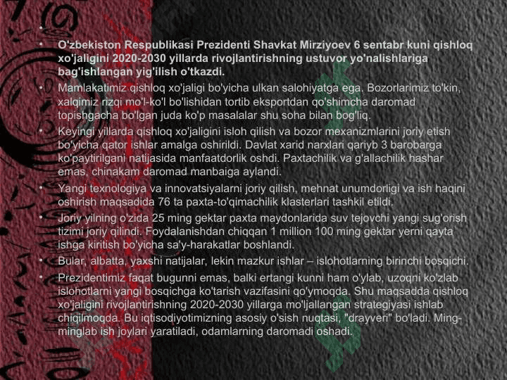 O'zbekistonda qishloq xo'jaligi va sanoat sohasidagi o'zgarishlar 2